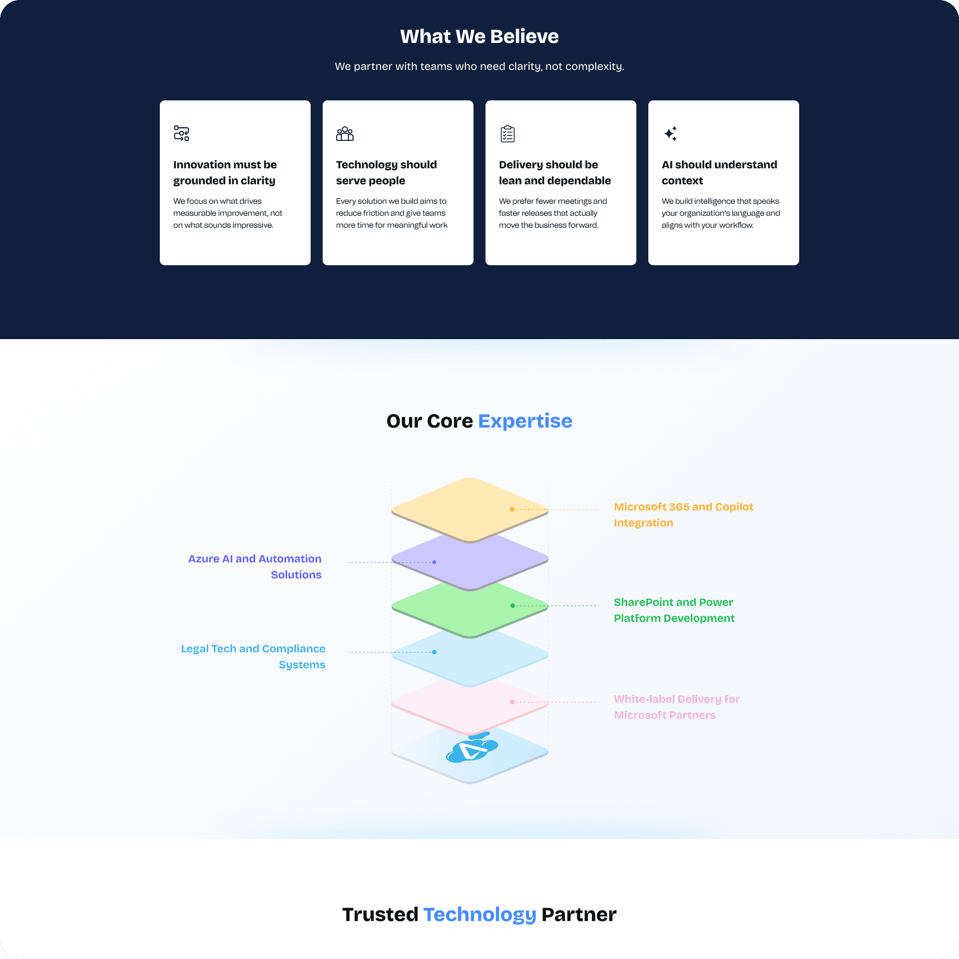 Values and core expertise sections