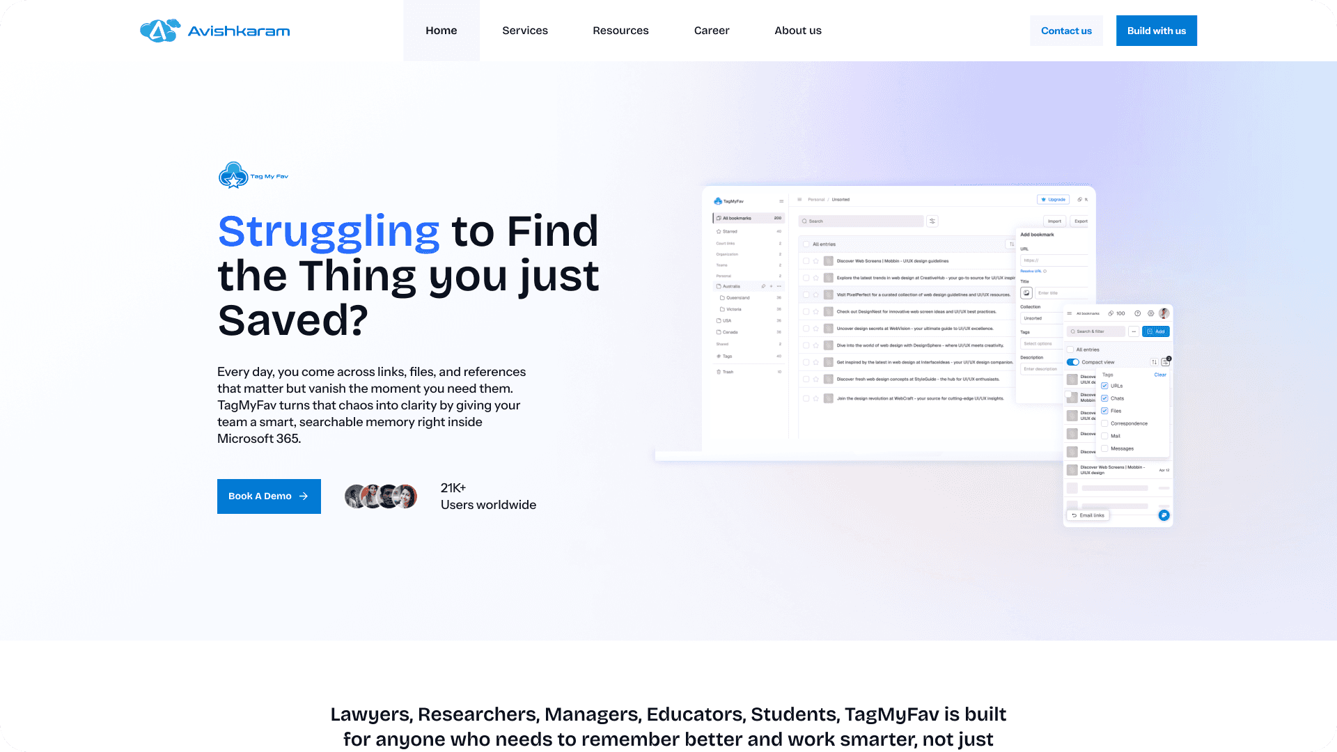 Product page hero for TagMyFav with an app preview