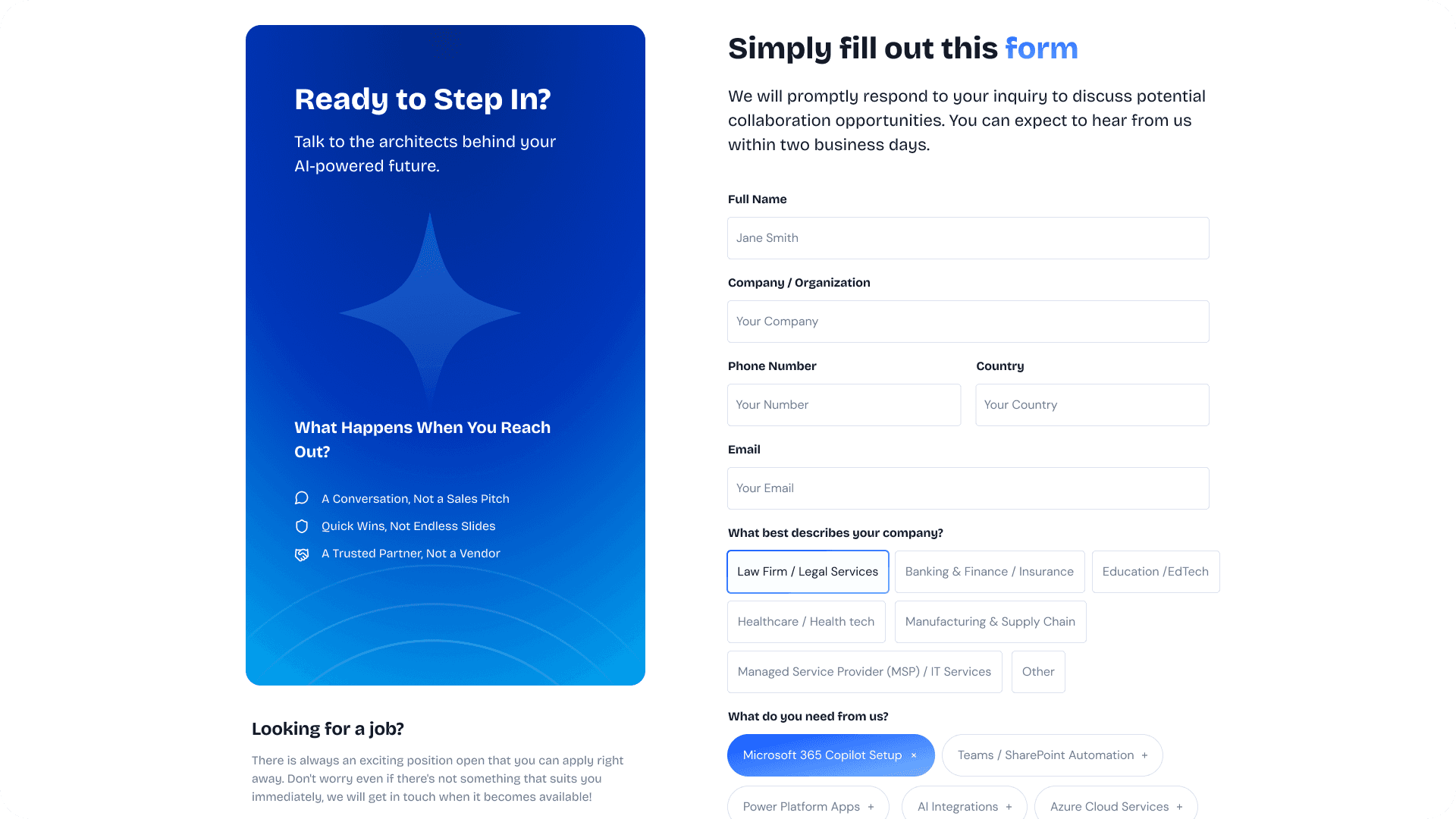 Contact page with an enquiry form