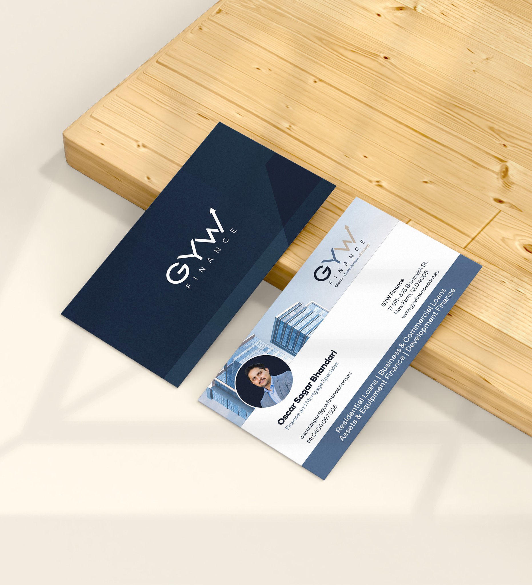 GYW Finance business cards, front and back