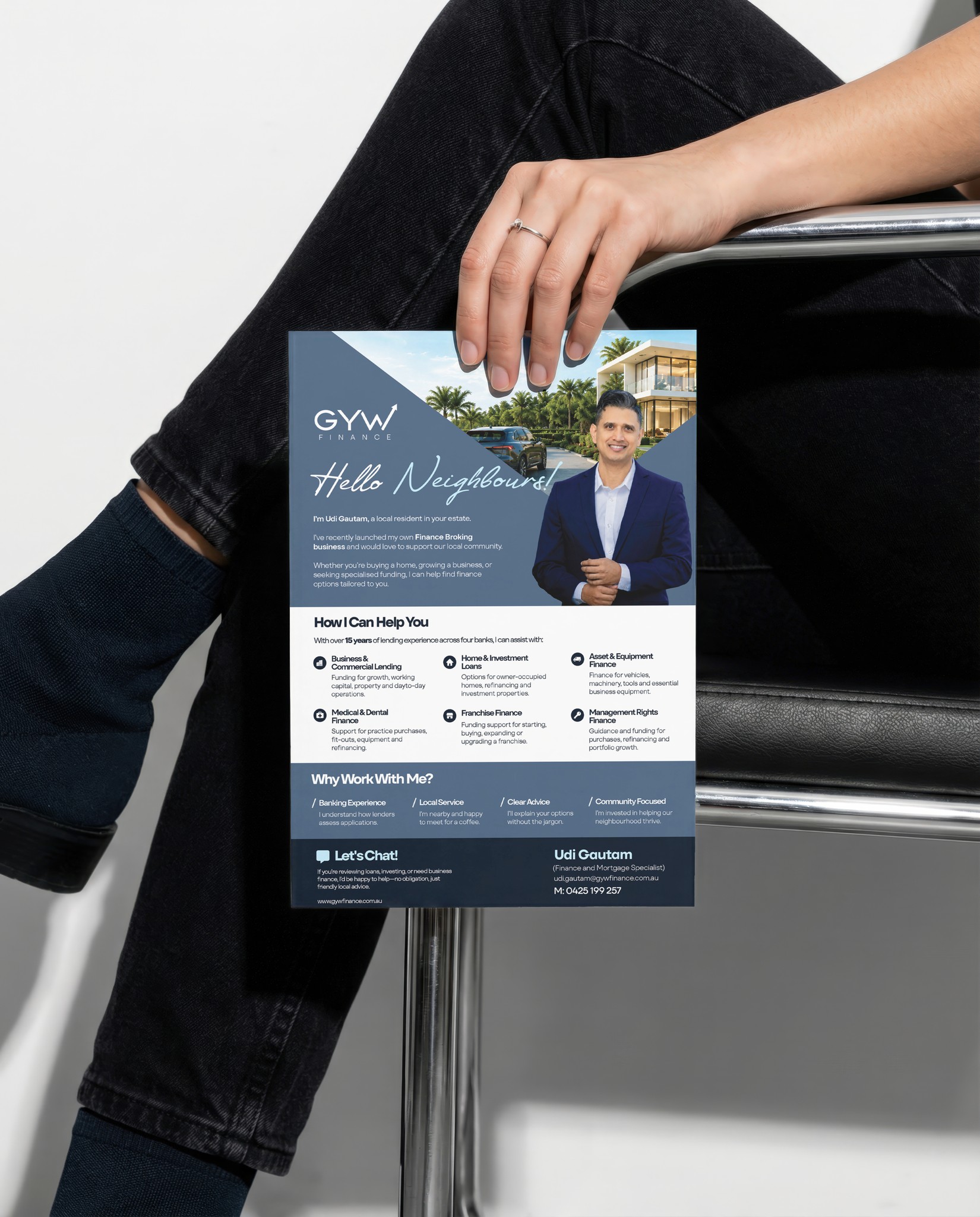 A GYW Finance flyer held in hand