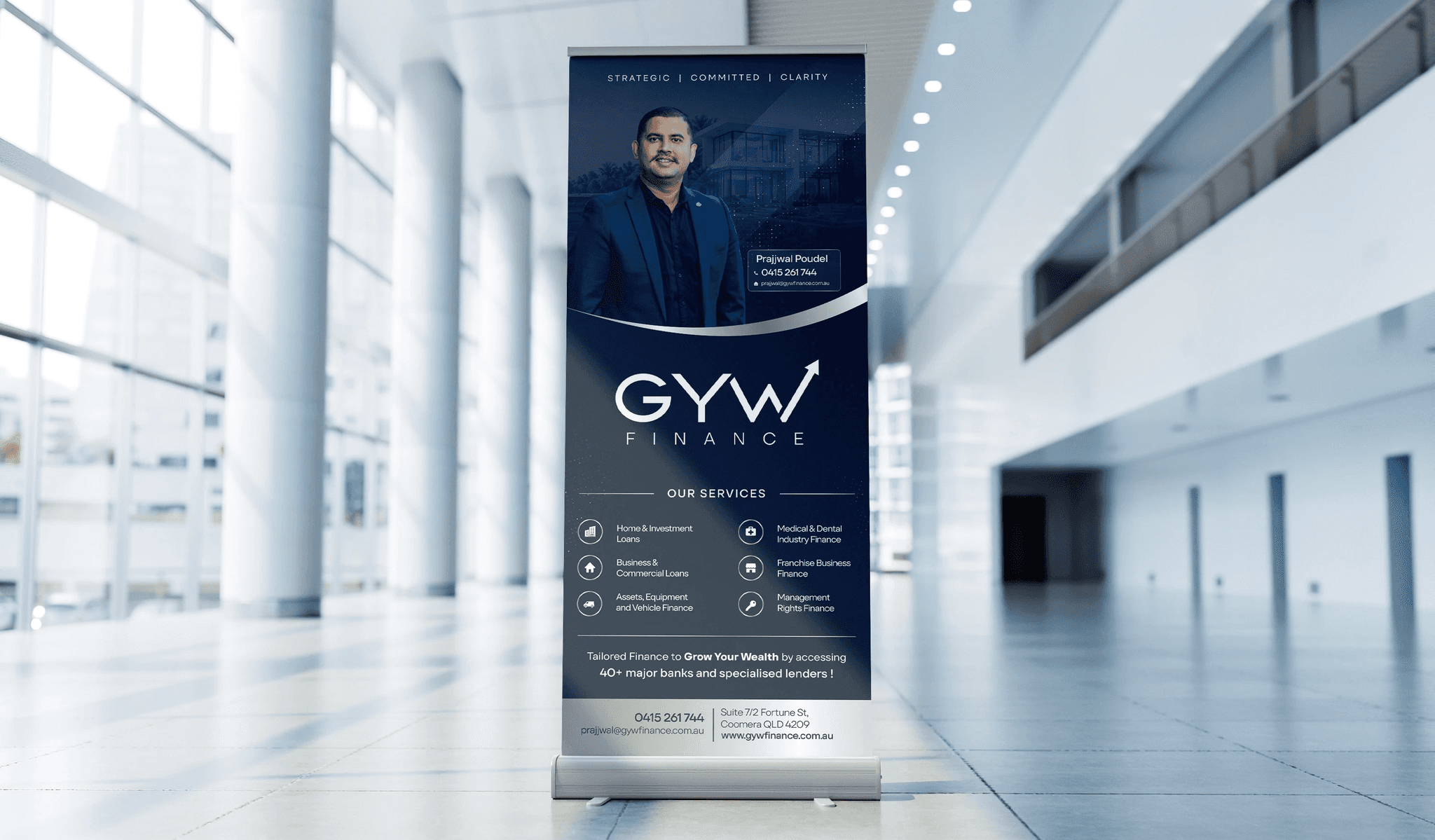 A roll-up banner in an office lobby