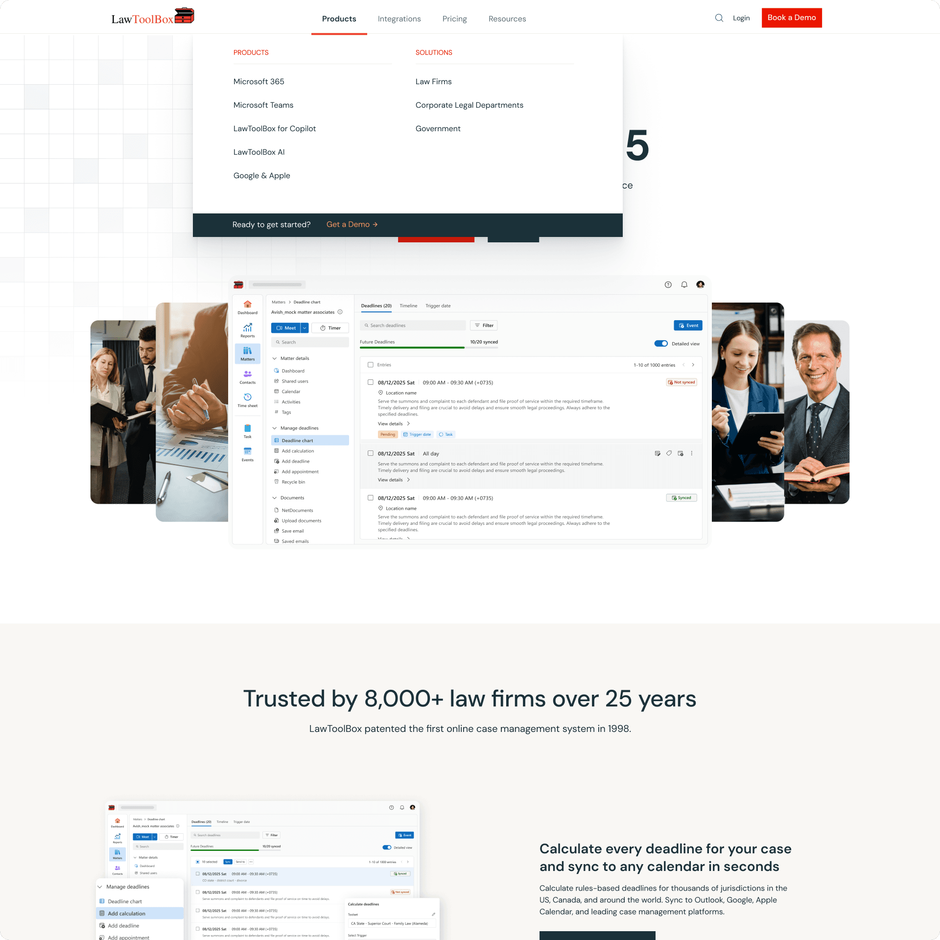 The redesigned LawToolBox homepage with the main navigation menu open