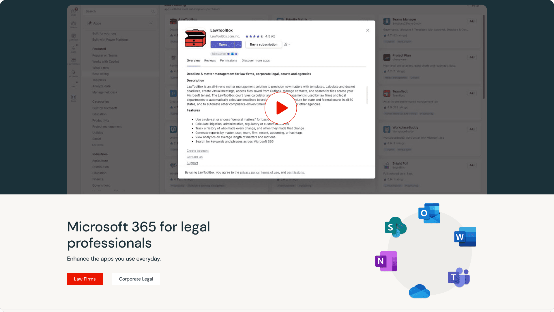 Microsoft 365 for legal professionals section with an app add-in preview