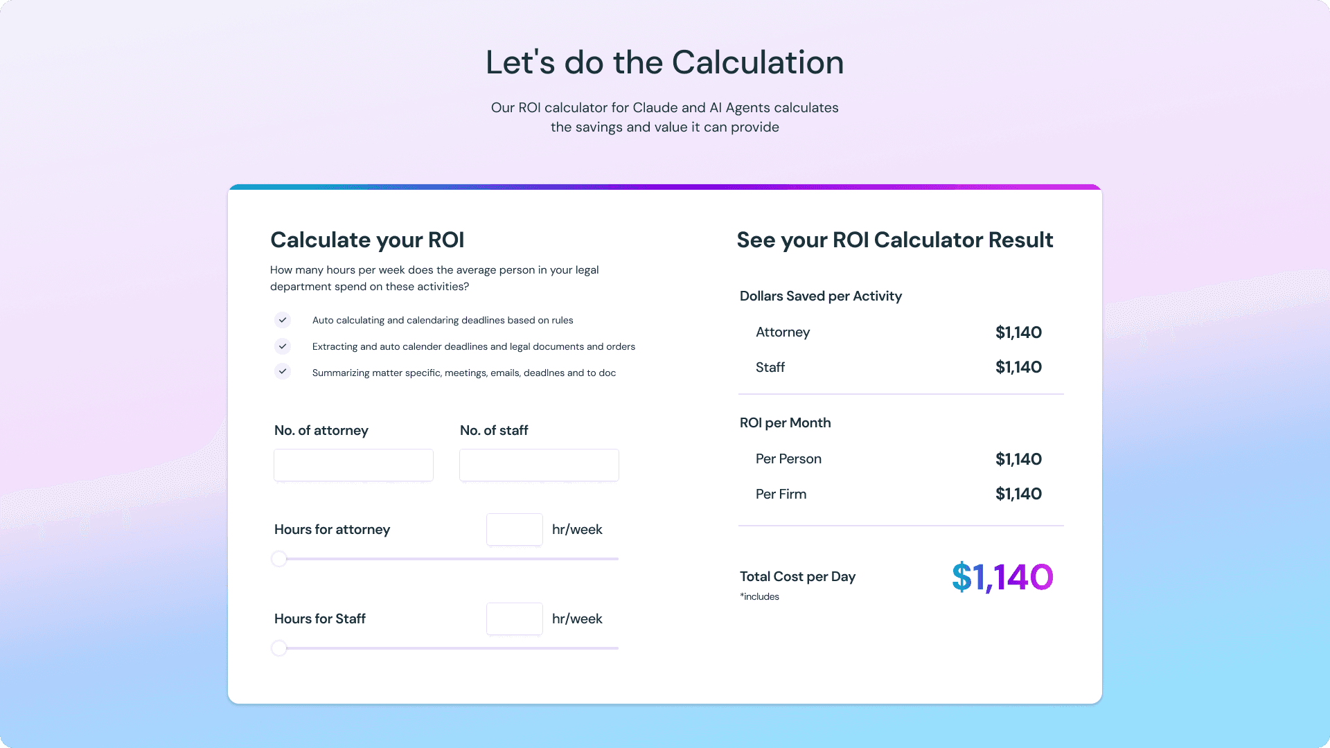 ROI calculator showing the savings per attorney and per firm