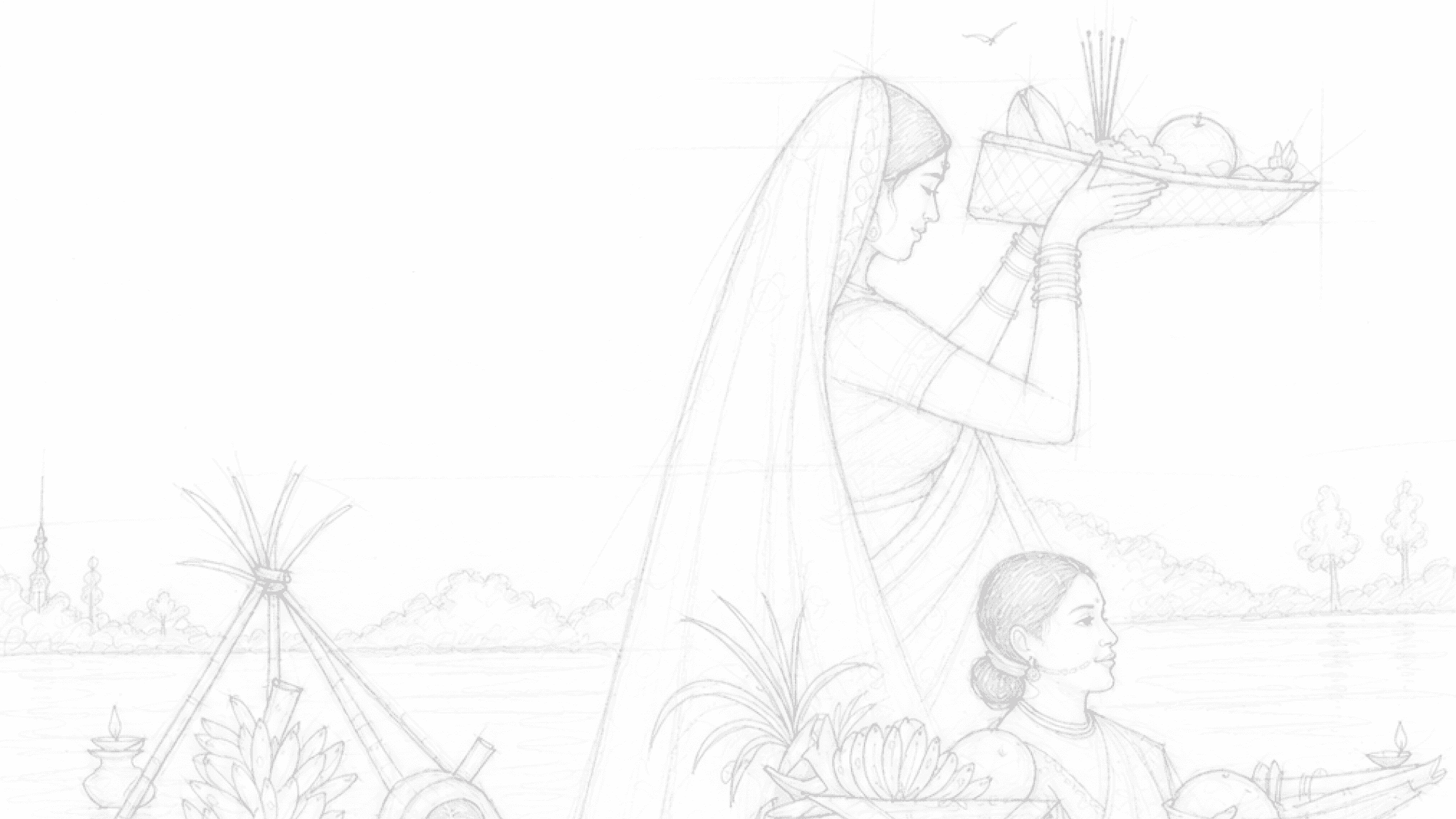 Pencil sketch of women carrying offerings by a river, the illustration behind the label