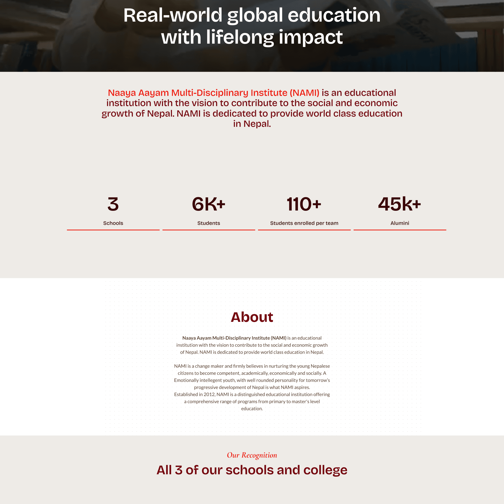 NAMI homepage with the institute introduction and key numbers