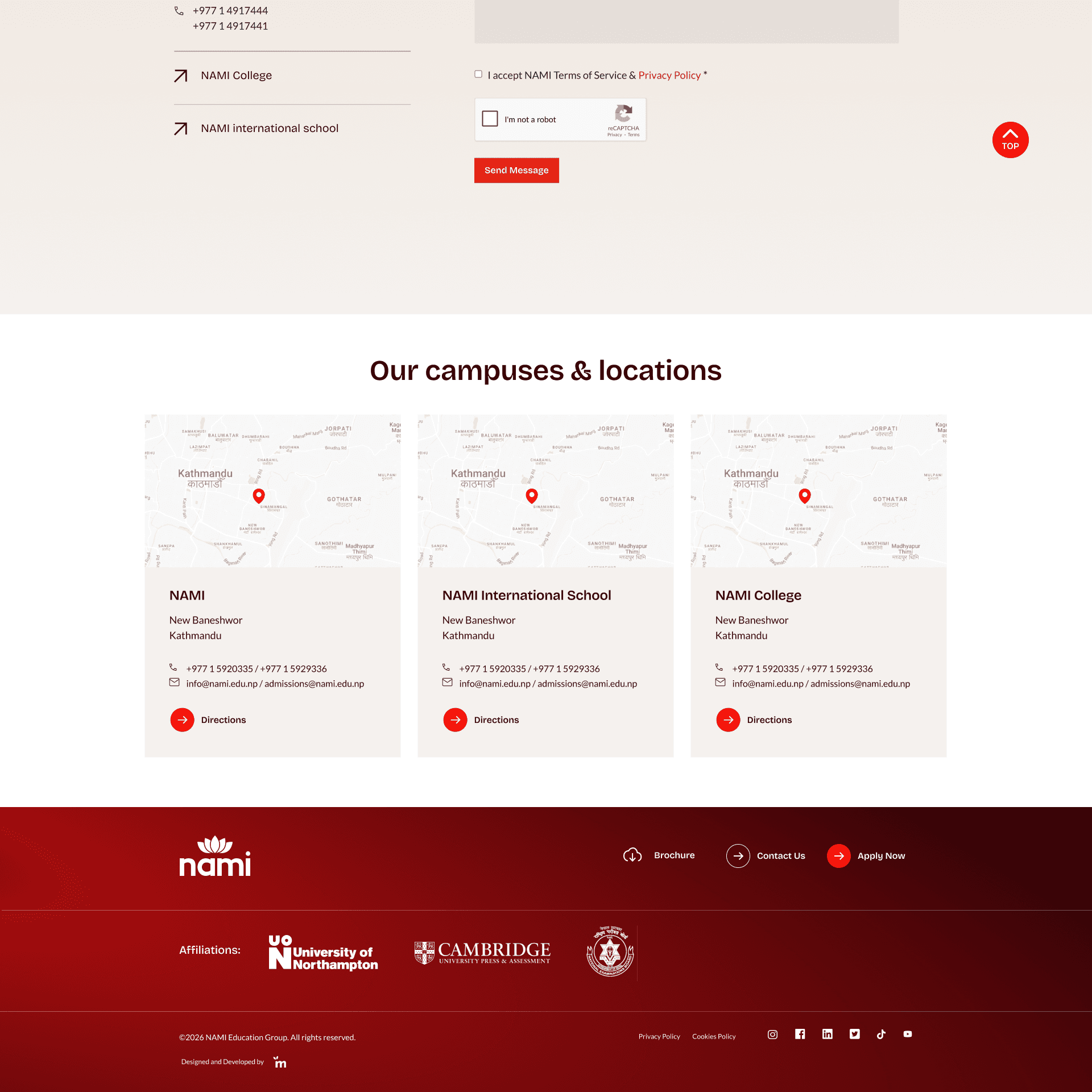 Campuses and locations section with the site footer