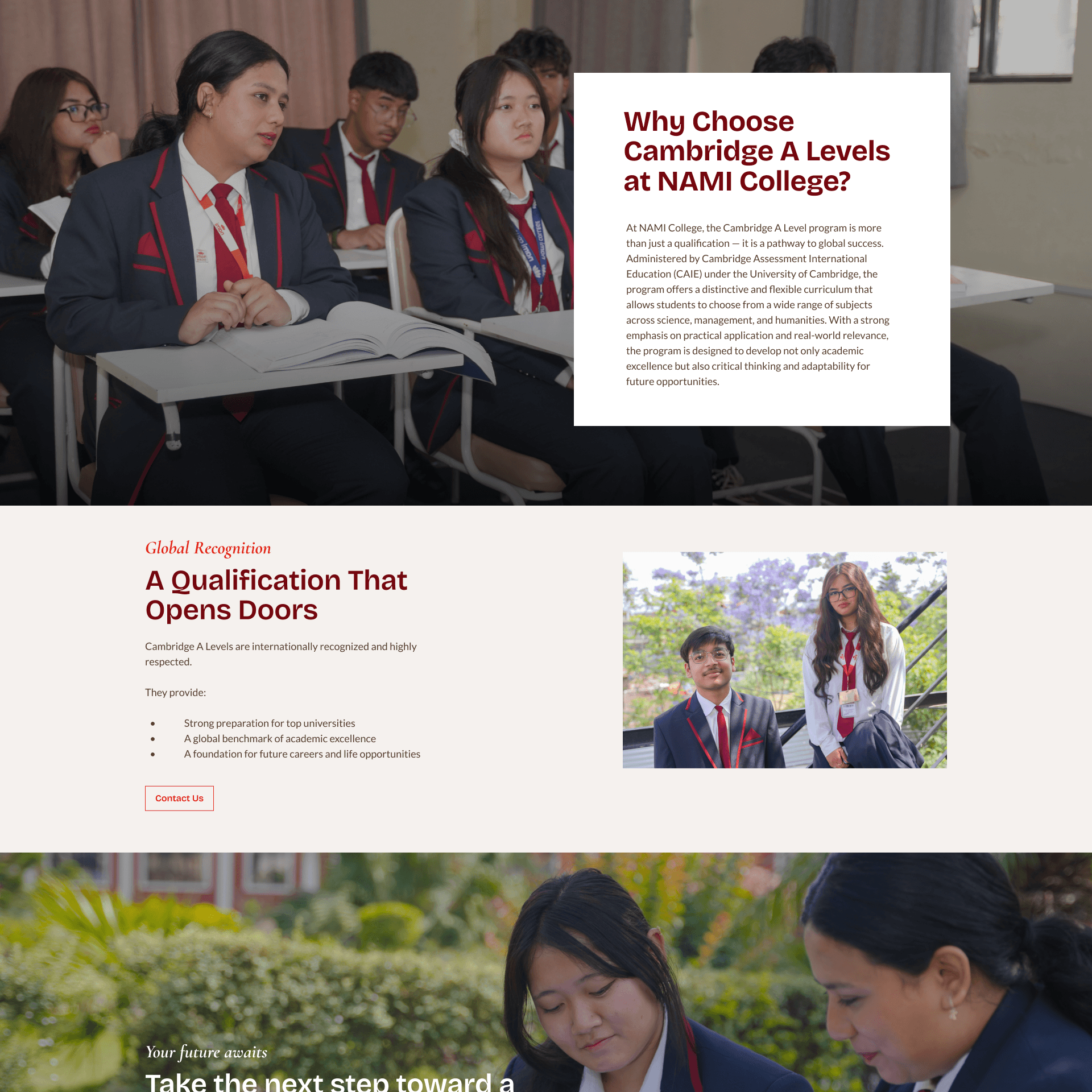 NAMI College page on why to choose Cambridge A Levels