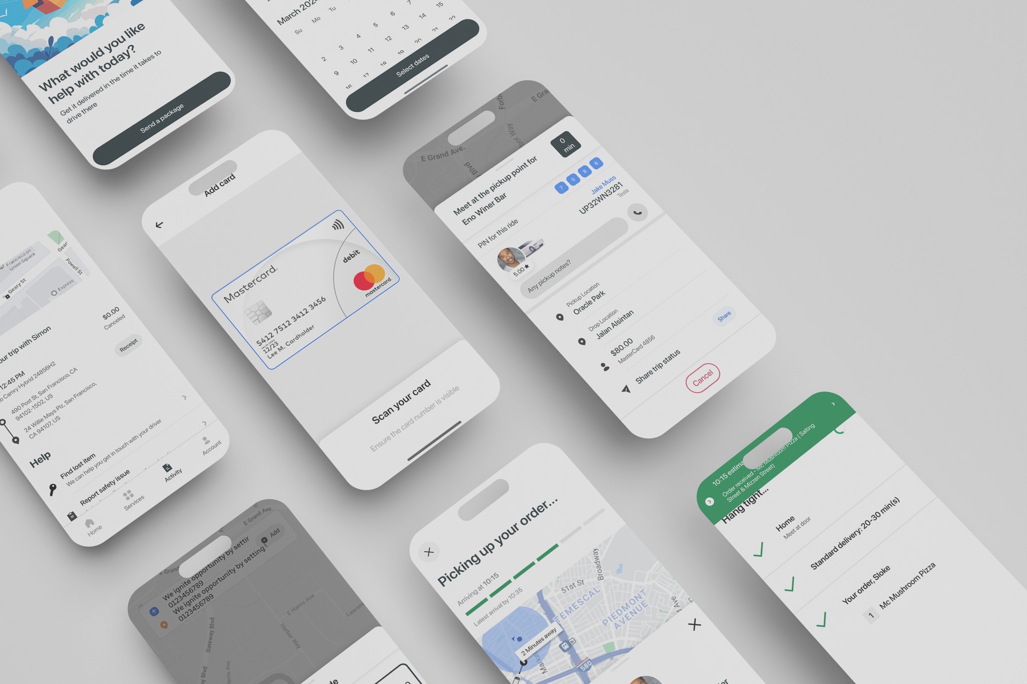 Ridemio screens for booking, payment and live trip progress, laid out at an angle