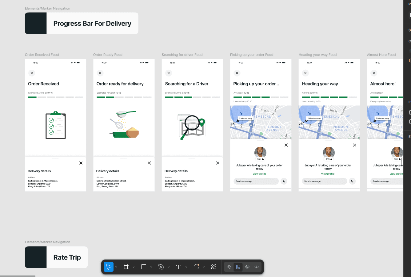 Progress screens from order received through searching for a driver to almost here