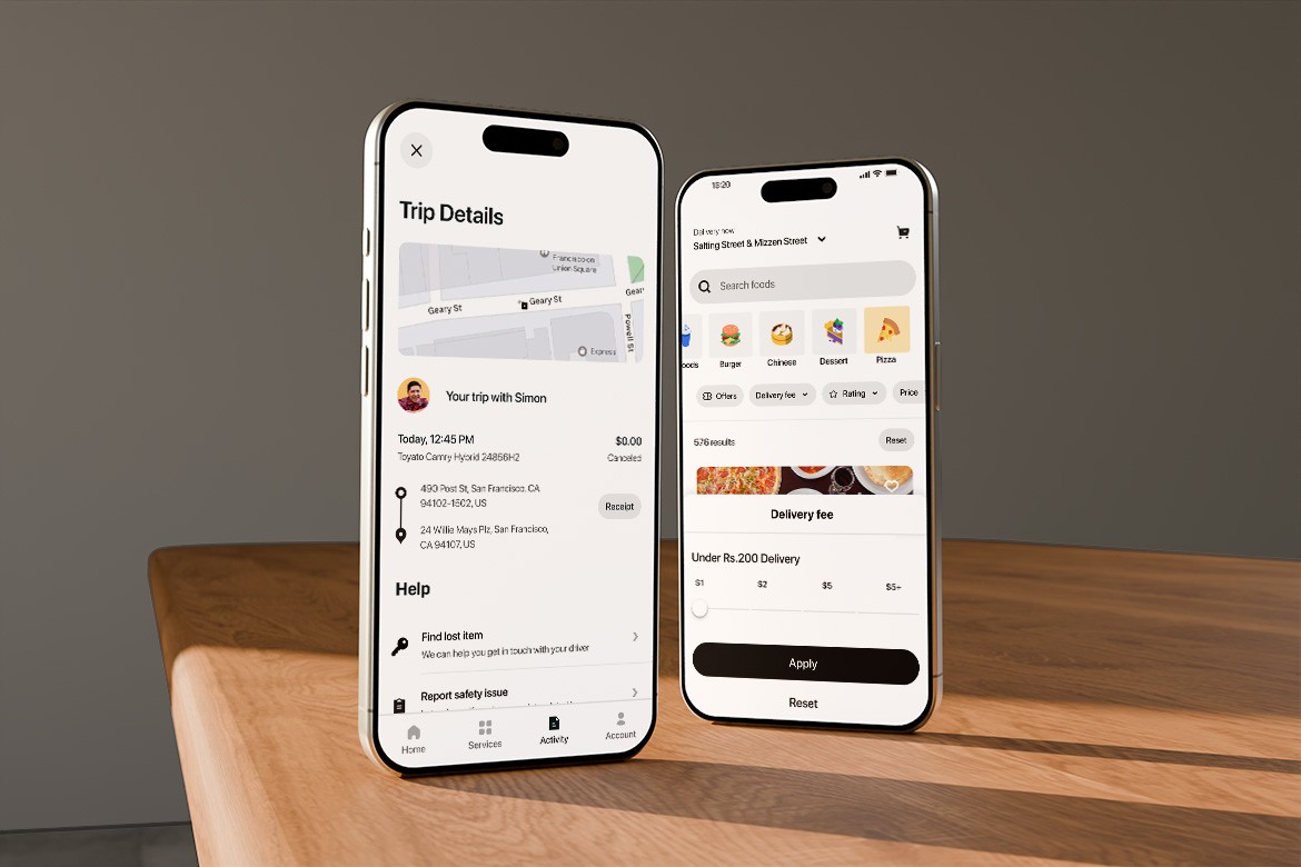 Trip details and booking screens on two phones