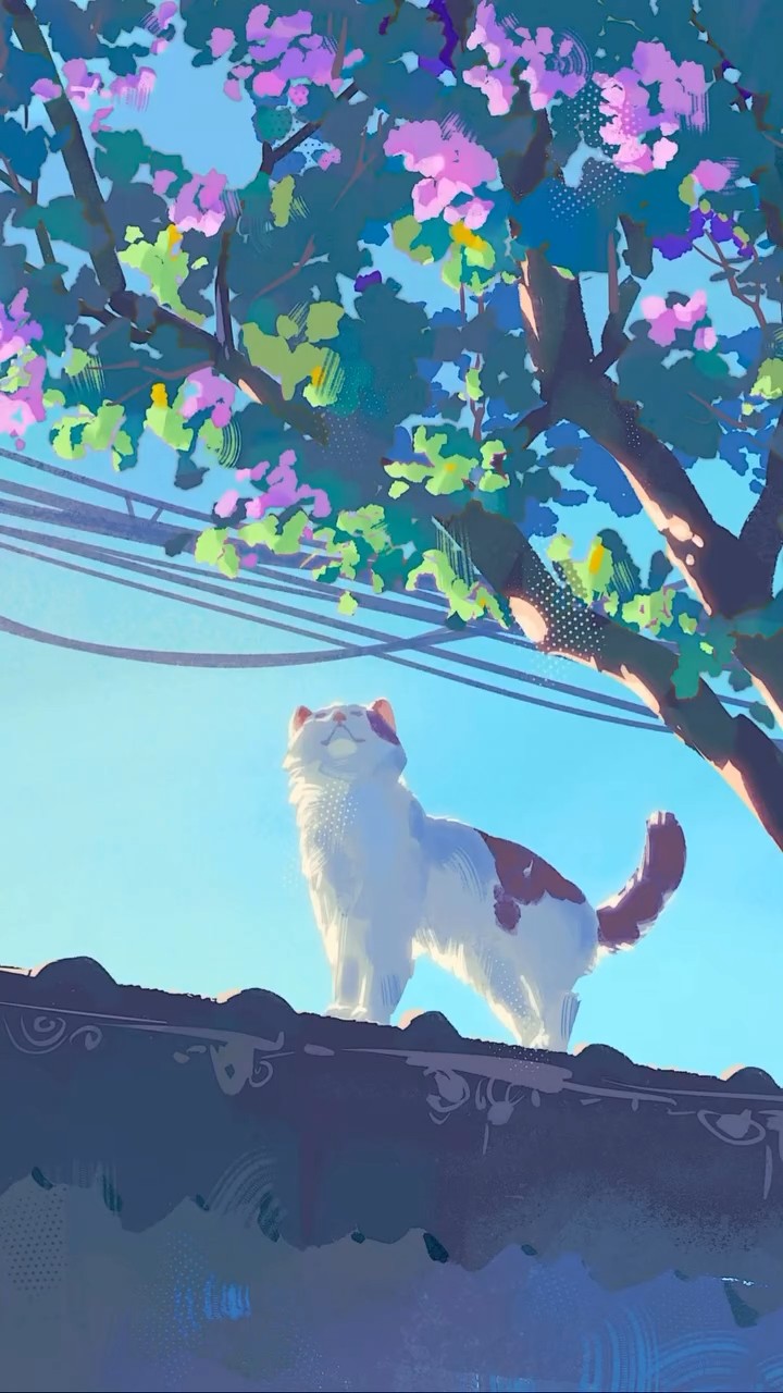 A white and brown cat standing on a rooftop under a blossoming tree and blue sky