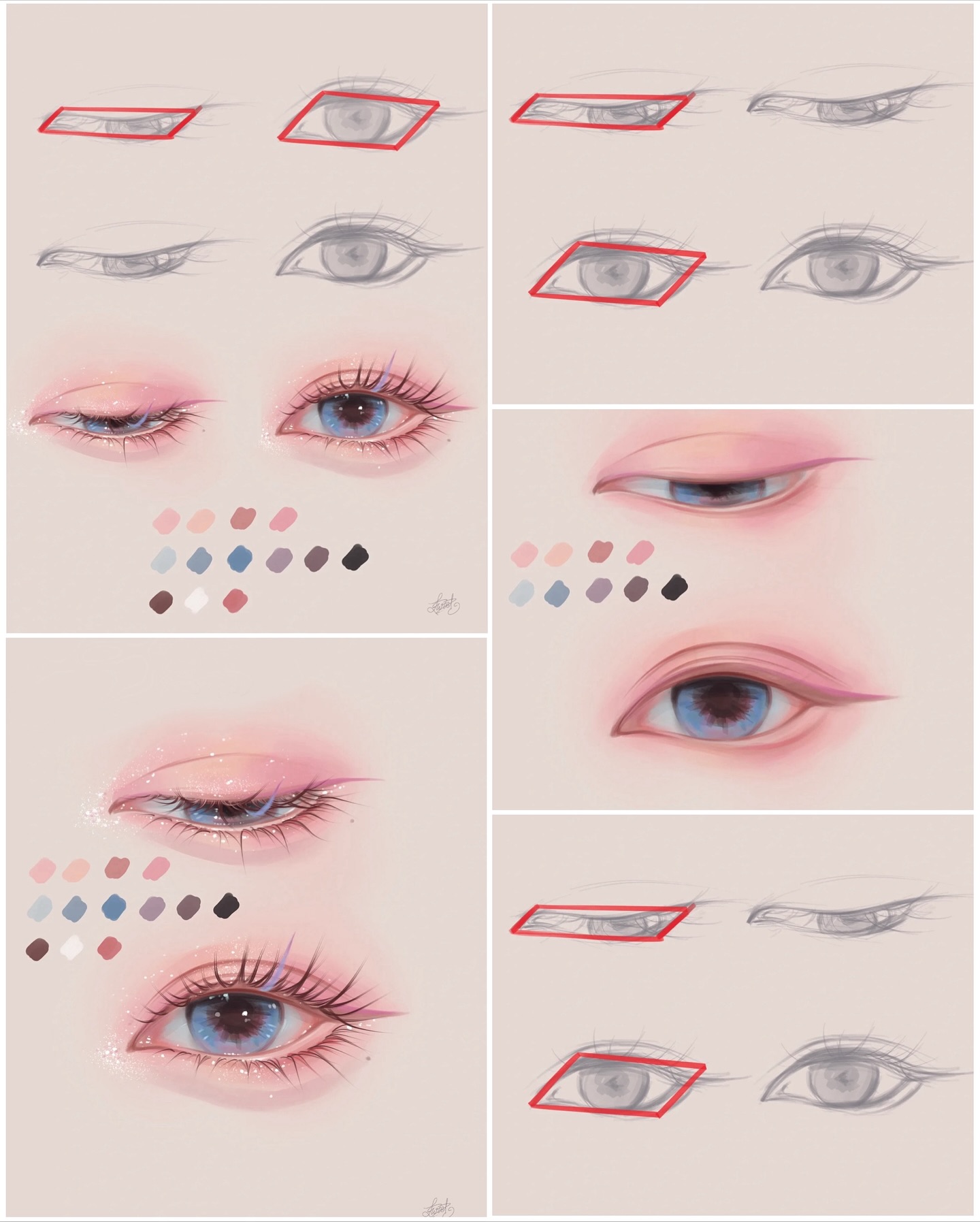 A step-by-step guide to painting eyes, with colour swatches
