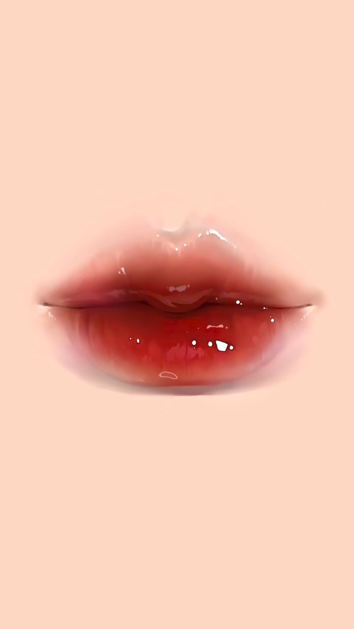 A painted study of glossy red lips on a peach background