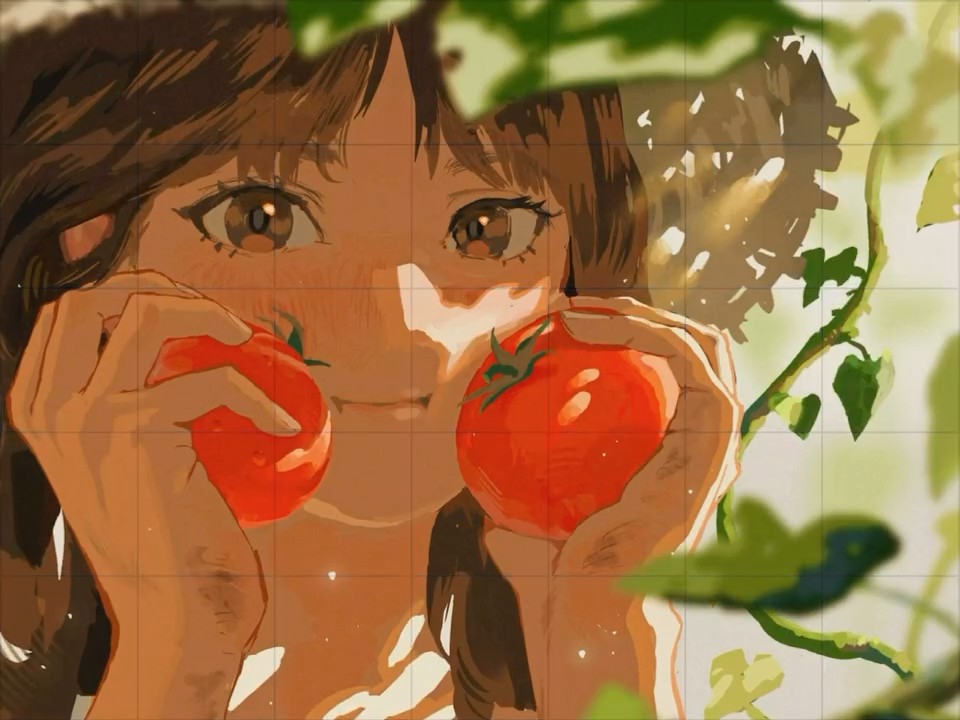A girl holding two red tomatoes up to her face among green leaves