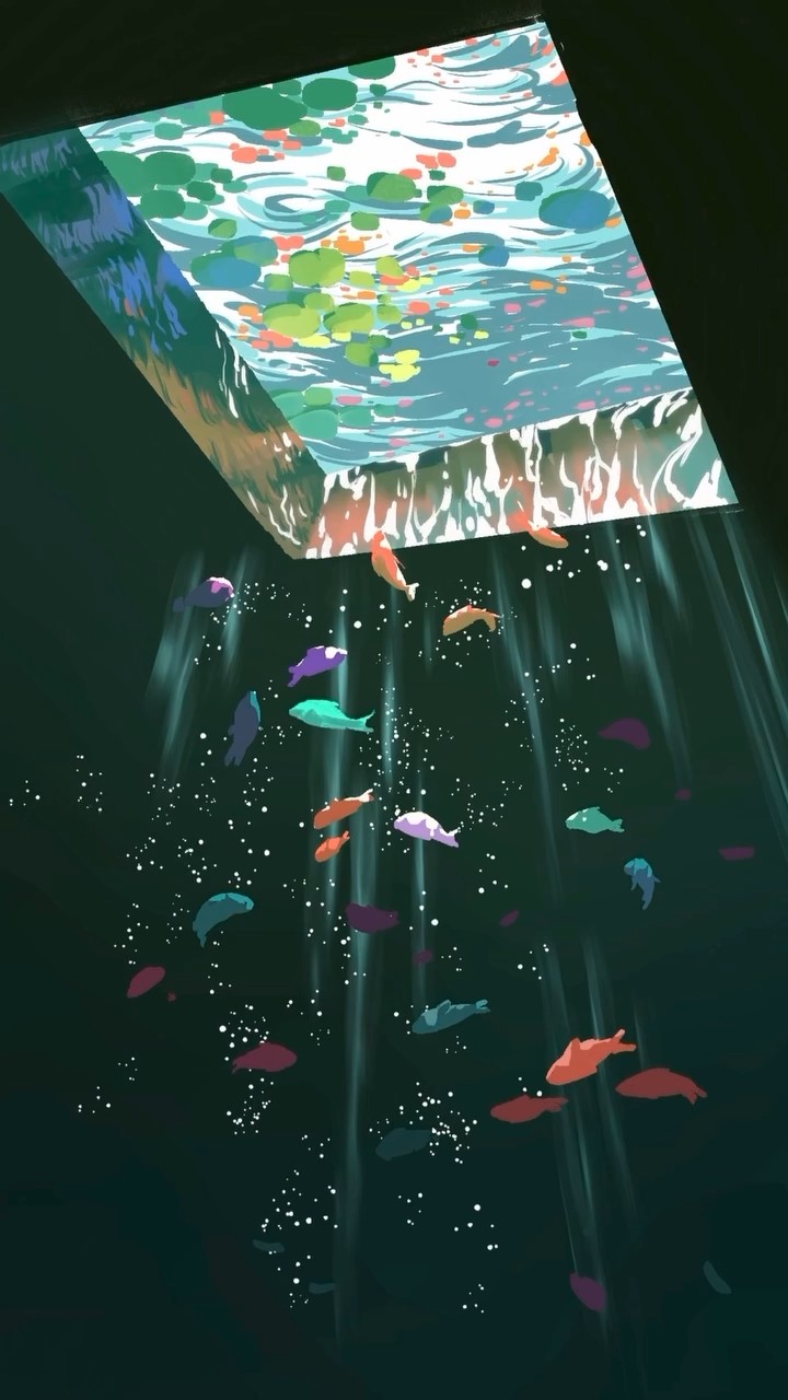 Small colourful fish in dark water beneath a bright window of rippling water