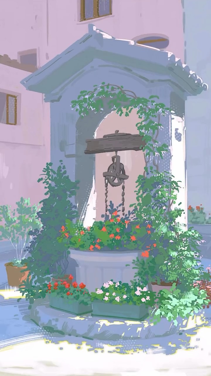 A stone well with a bell, covered in vines and red flowers, in soft daylight