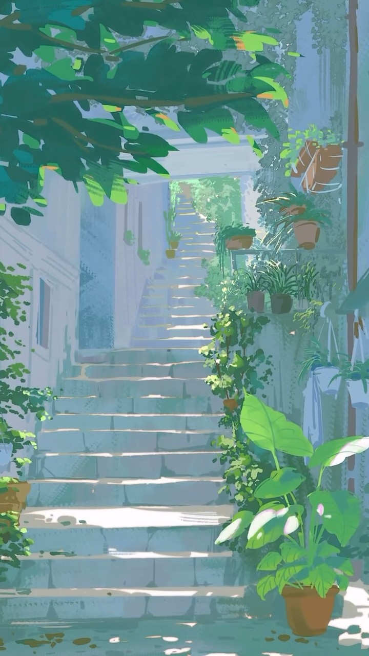 Stone steps climbing between walls, with leaves overhead and potted plants