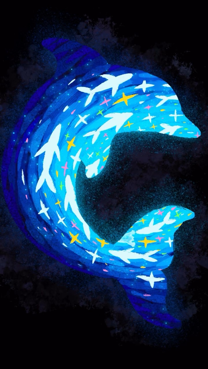 A bright blue dolphin shape filled with white birds on a dark background