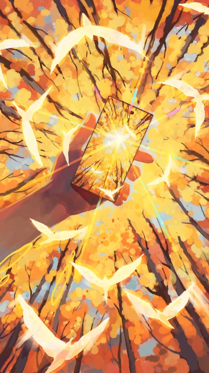 A digital painting of a hand holding a glowing frame up to autumn trees