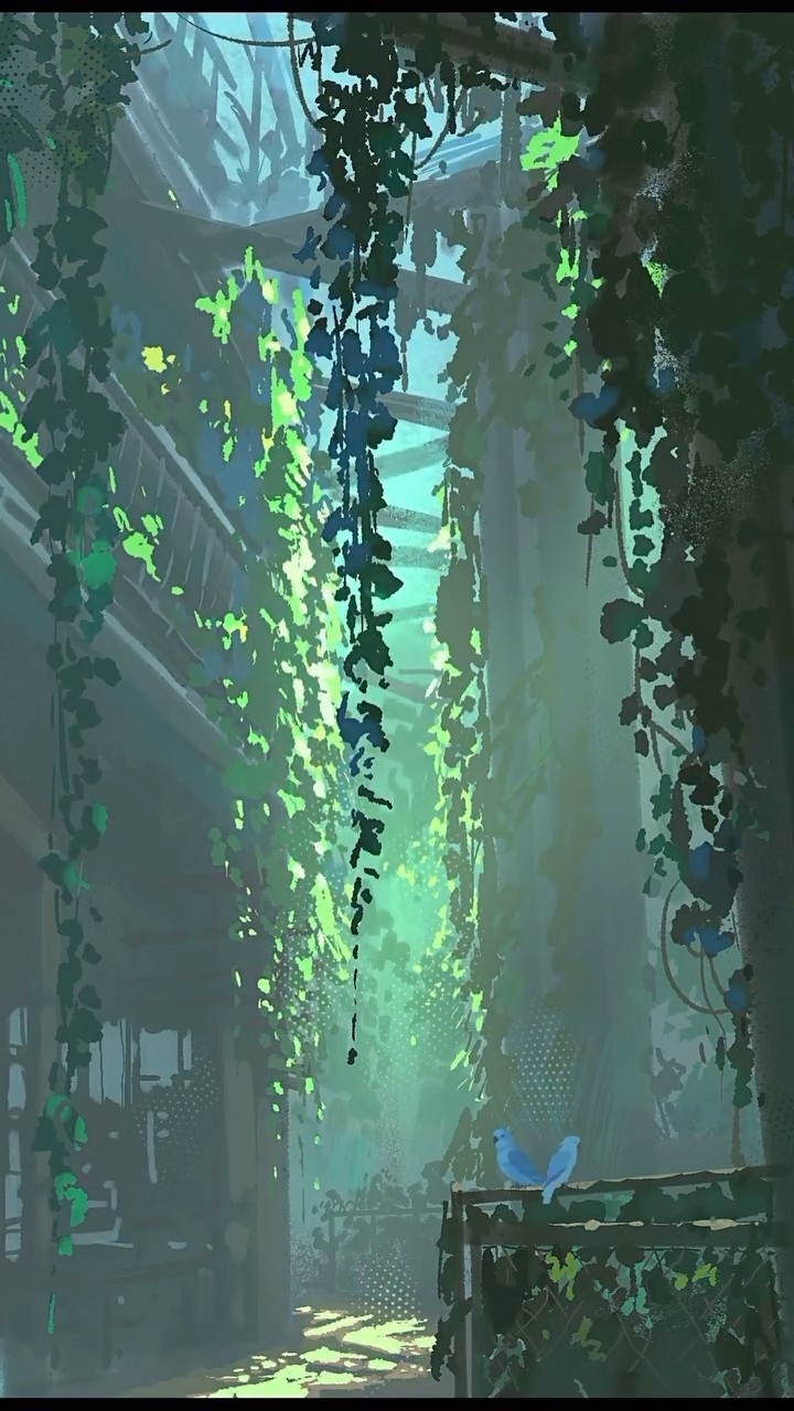 Green light through hanging vines in a quiet alley, a small blue bird on a railing