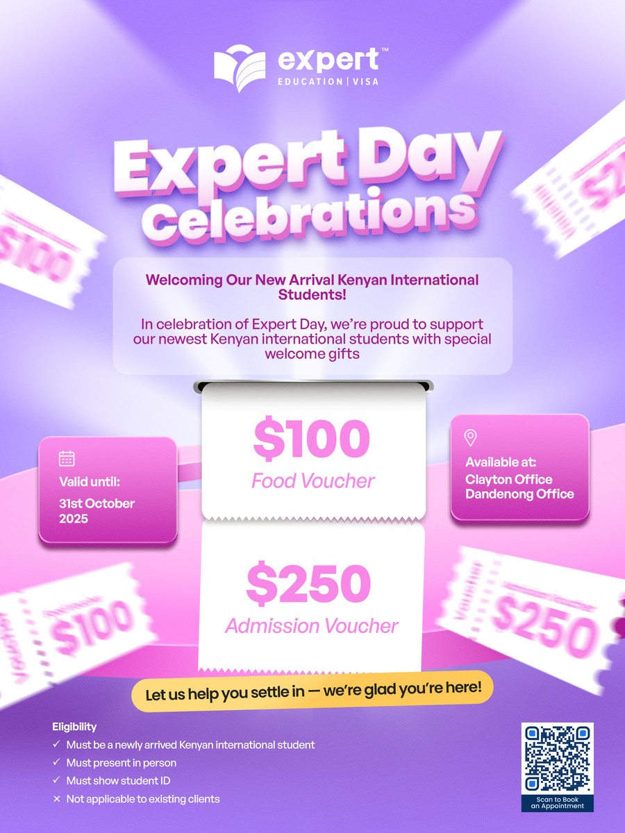 A purple Expert Day Celebrations flyer with voucher graphics
