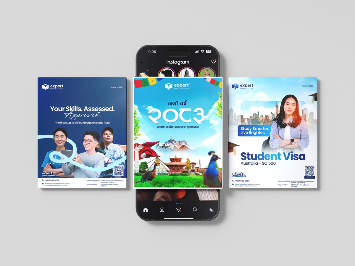 Expert Education social posts around a phone showing their Instagram feed