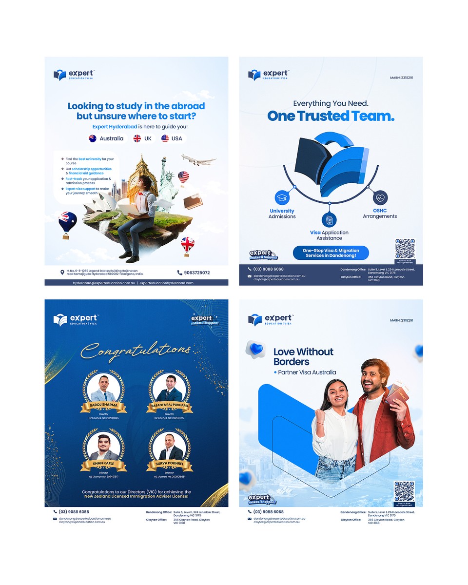 A grid of four blue Expert Education social posts