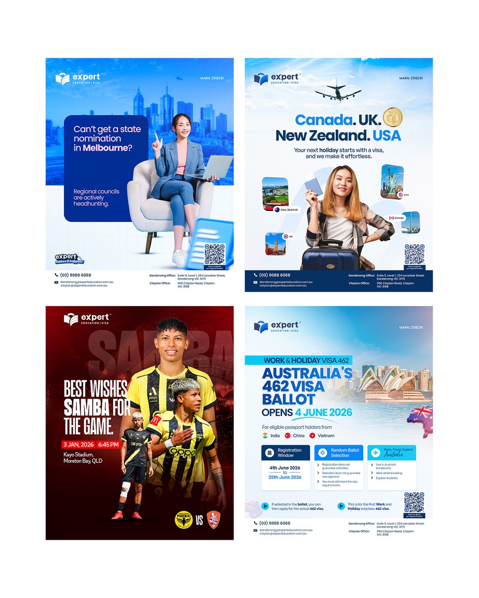 A grid of four Expert Education social posts for Canada, UK, New Zealand and Australia
