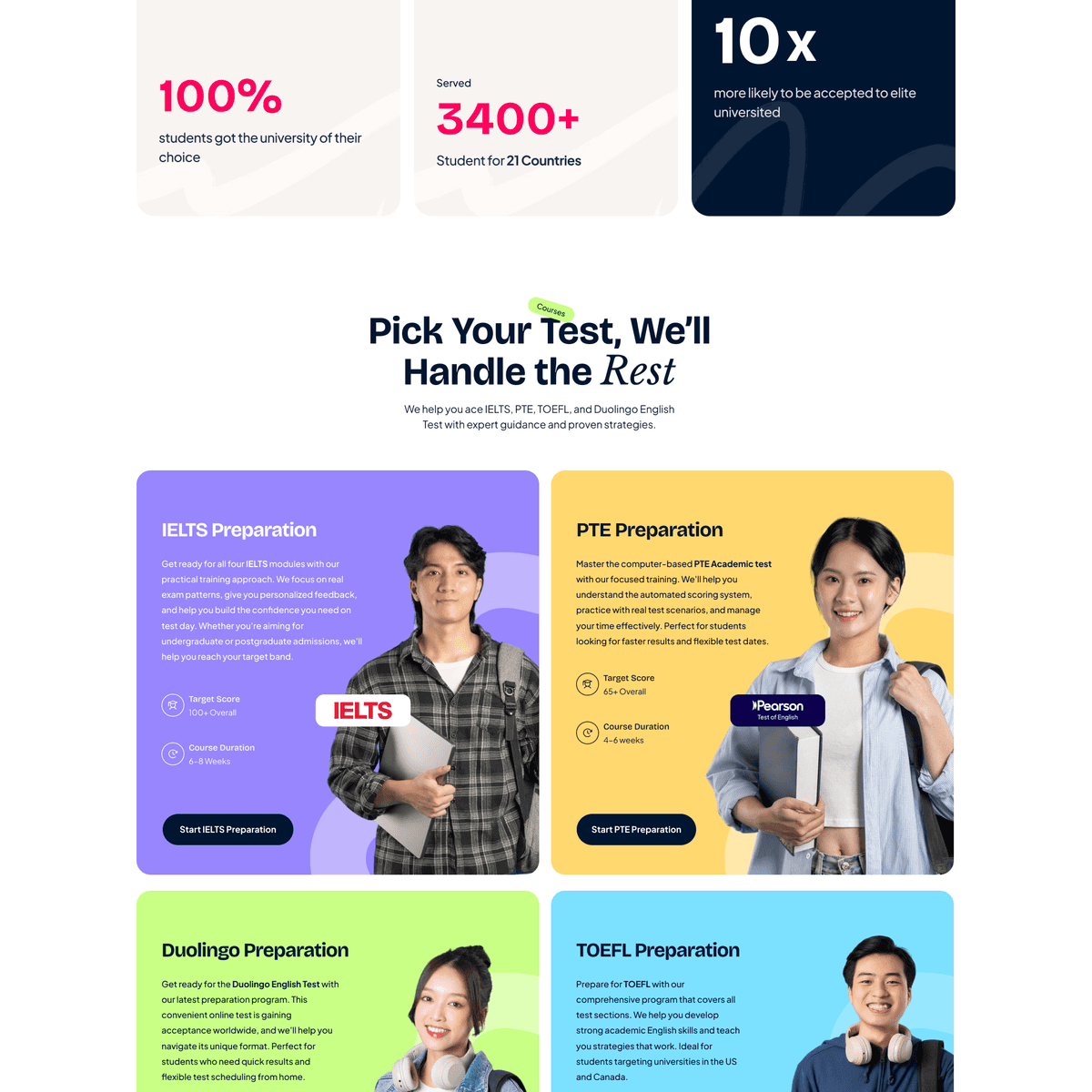 Expert Prep page with key numbers and colourful IELTS, PTE and Duolingo course cards