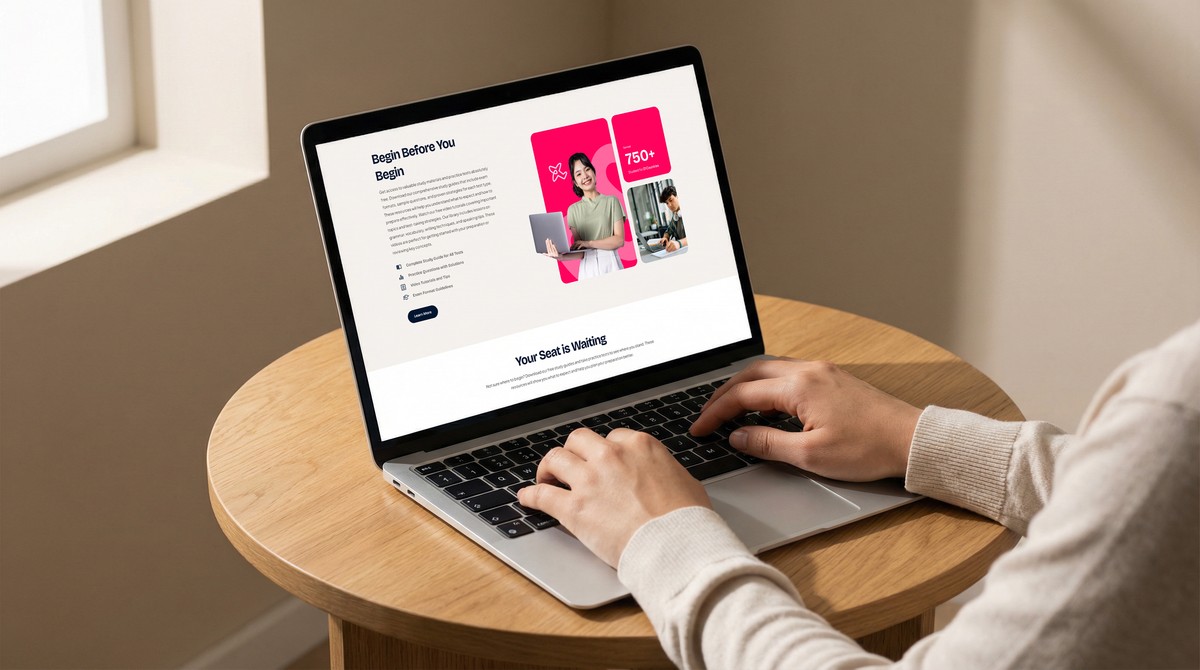 Hands typing on a laptop showing the Expert Prep website