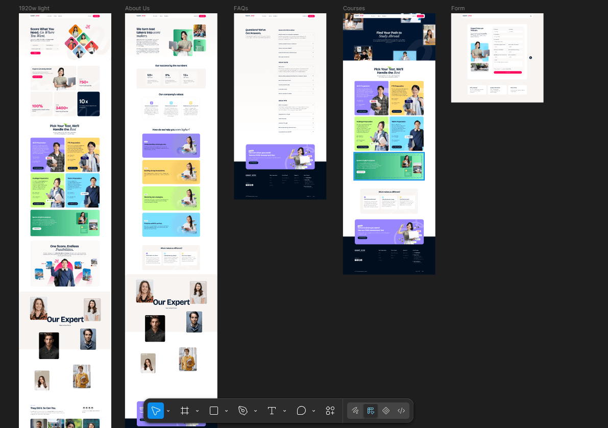 An overview of all Expert Prep page designs side by side in Figma