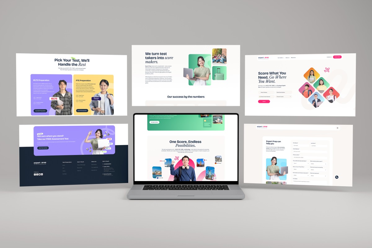 Several Expert Prep pages shown together on laptop and desktop screens