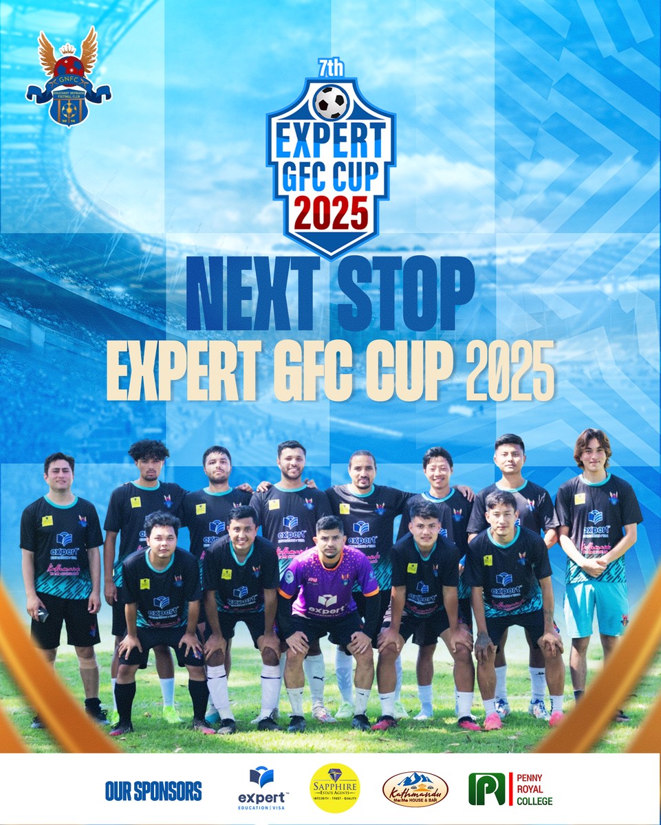The GNFC team lined up under the words Next Stop Expert GFC Cup 2025