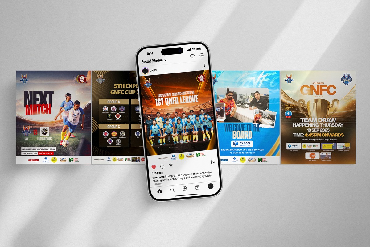 GNFC match-day posts around a phone showing the club feed