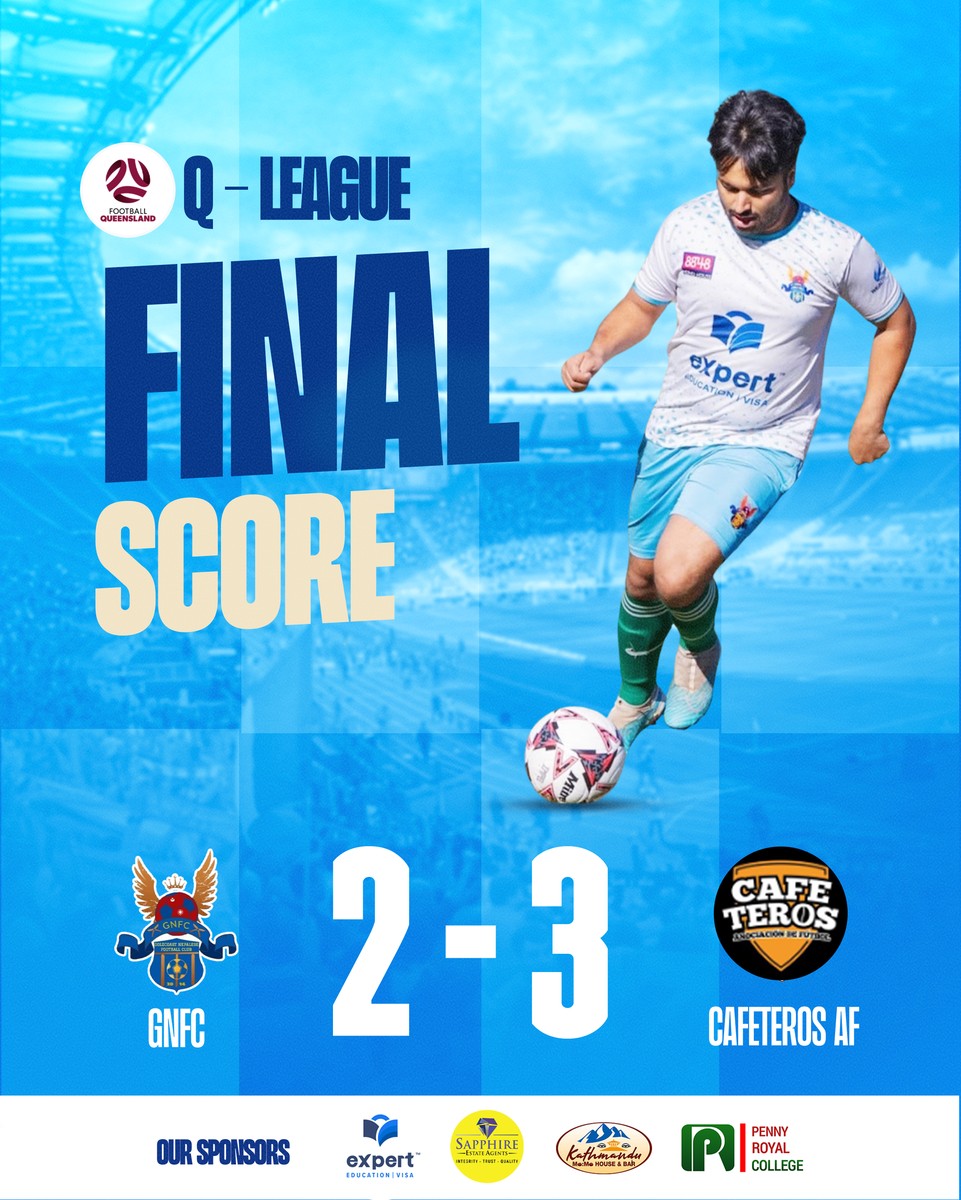 A blue Final Score post, 2-3, with a player kicking the ball