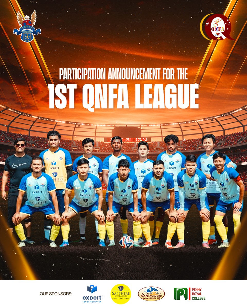 The GNFC squad photo under fiery text announcing the 1st QNFA League