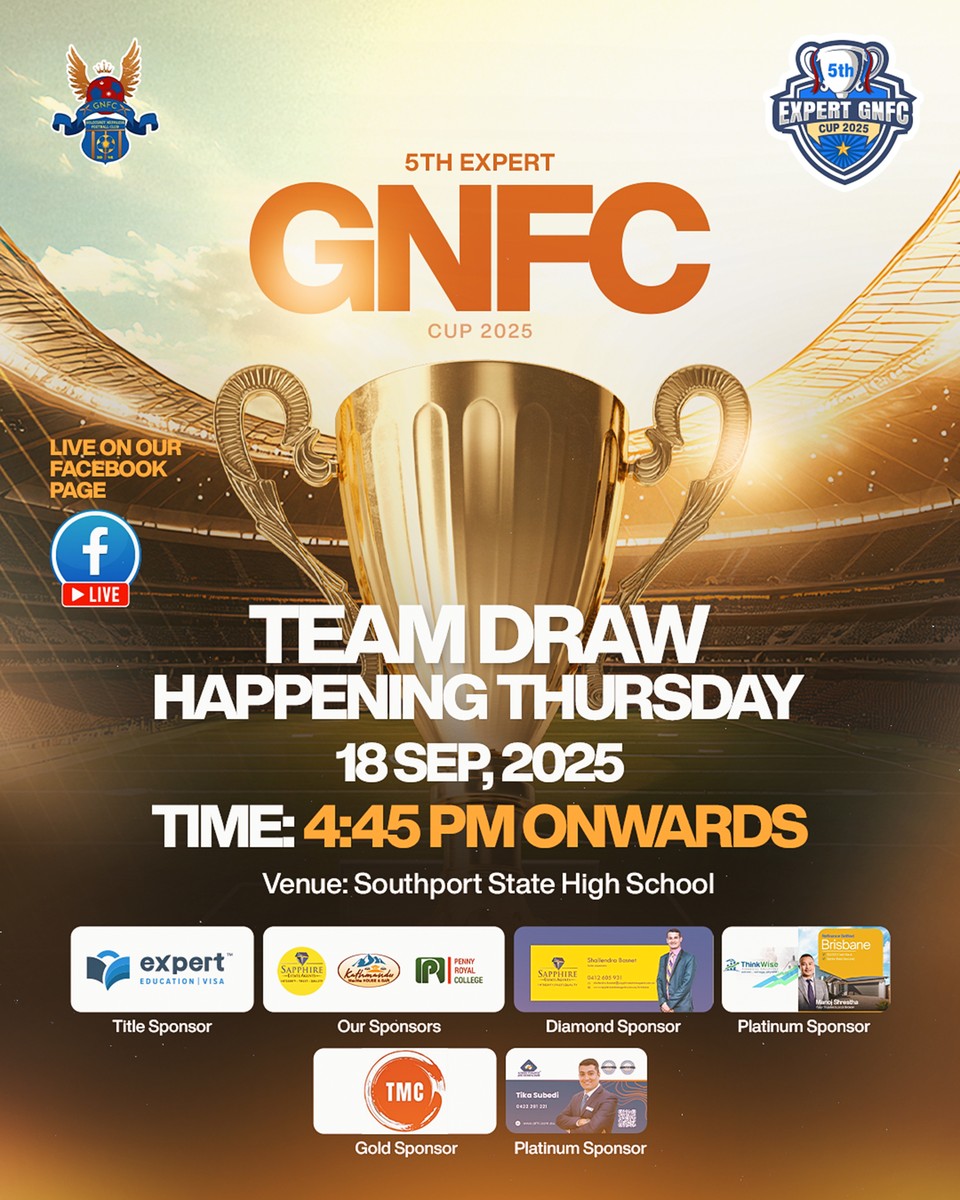 A gold trophy poster announcing the GNFC team draw