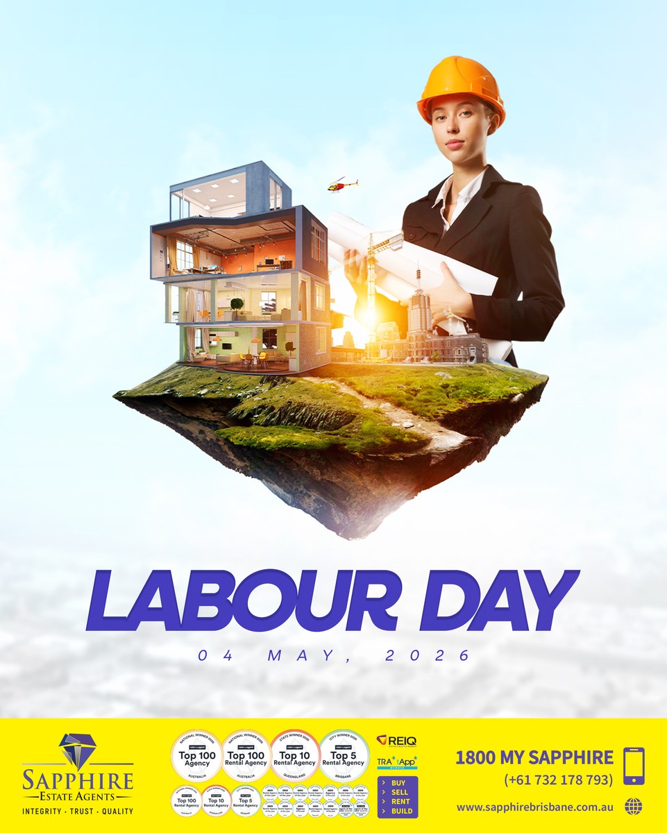 A Labour Day post with a worker and a house floating on a rock