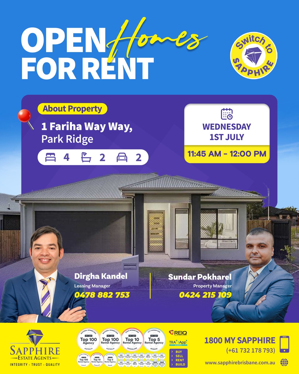 A blue Open Homes for Rent post with a house photo and two agents